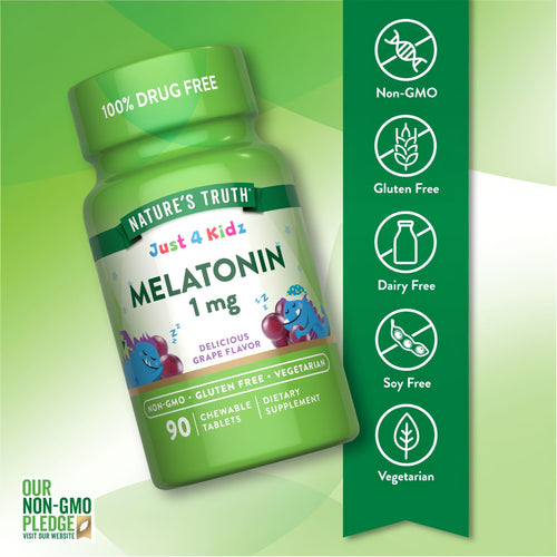 Bottle of Kids Melatonin: Non-GMO, gluten-free, dairy-free, soy-free, and vegetarian, displayed on a hand scale.