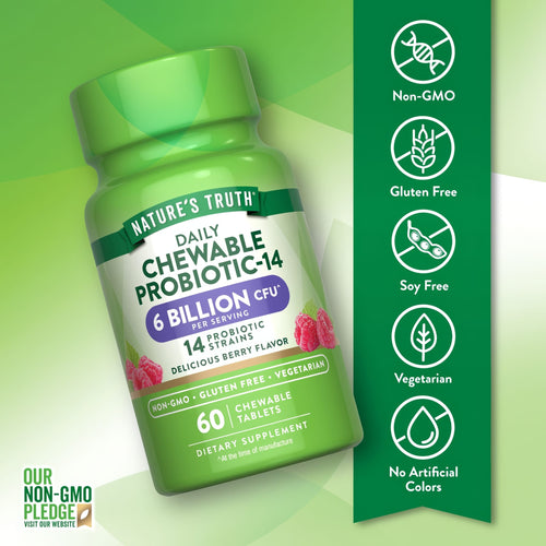 Daily Chewable Probiotic-14 with 6 Billion CFU per serving, 60 chewable tablets, delicious berry flavor.