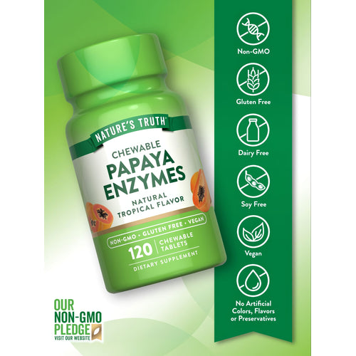 A hand holds a scale displaying 120 chewable papaya enzyme tablets, highlighting their bulk nature.