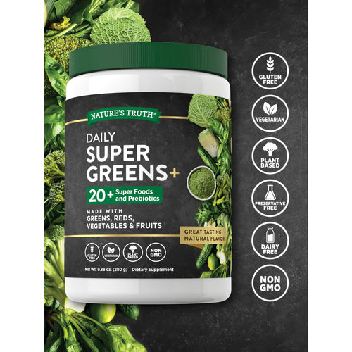 A Greens Powder bottle labeled as gluten free, vegetarian, plant based, preservative free, dairy free, and non GMO.