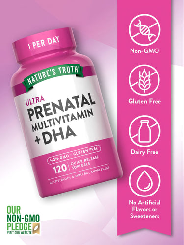Nature's Truth Ultra Prenatal Multivitamin plus DHA offers 120 quick release softgels for daily support.