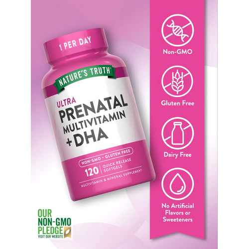 Nature's Truth Ultra Prenatal Multivitamin plus DHA offers 120 quick release softgels for daily support.