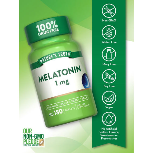 Melatonin bottle labeled as Non-GMO, Gluten Free, Dairy Free, Soy Free, Vegan, with no artificial colors, flavors, sweeteners, or preservatives.