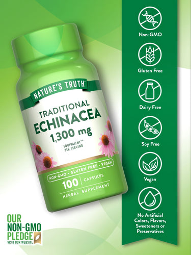 Herbal supplement bottle: Echinacea 1,300 mg, 100 capsules.