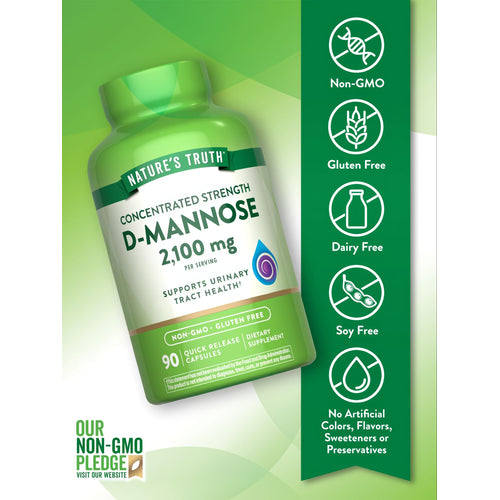 Nature's Truth D-Mannose, 2,100 mg per serving, 90 Quick Release Capsules shown on a hand for scale.