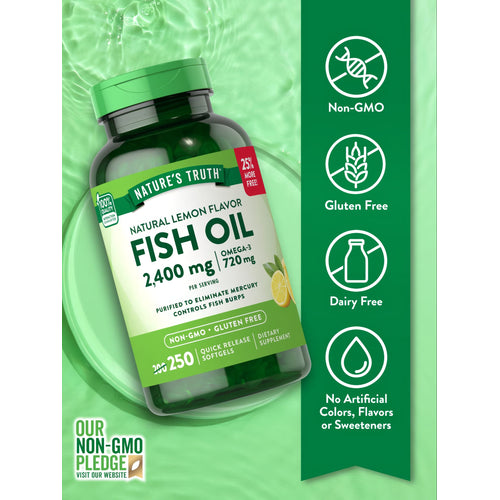 Natural Lemon Flavor Fish Oil softgels, 2,400 mg with 720 mg Omega-3 per serving, 250 count.
