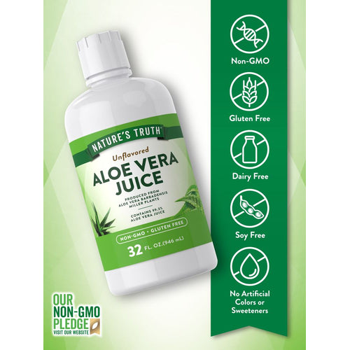 Aloe Vera Juice bottle labeled Non-GMO, Gluten Free, Dairy Free, Soy Free, No Artificial Colors or Sweeteners.