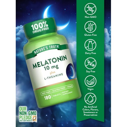 Nature's Truth Melatonin 10 mg with L-Theanine tablets on hand scale.