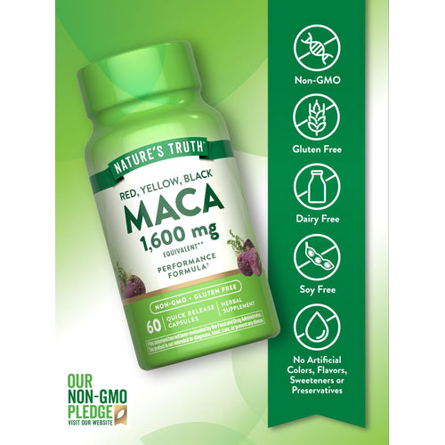 Maca bottle: Non-GMO, Gluten Free, Dairy Free, Soy Free, No Artificial Colors, Flavors, Sweeteners, or Preservatives.