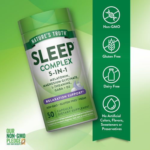 NT 5-in-1 Sleep Complex, 50 Capsules: Melatonin, Magnesium Glycinate, L-Theanine, GABA, and D2. Non-GMO, Gluten Free, Vegan.