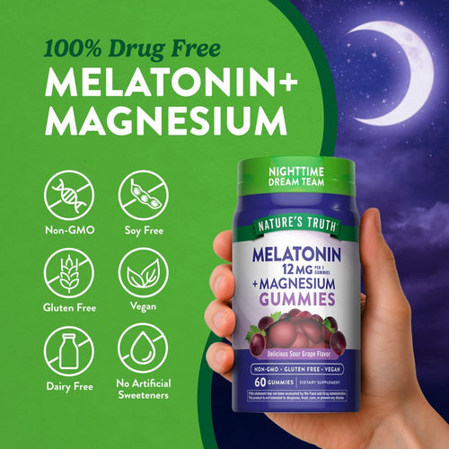 Gummies with 12mg Melatonin and Magnesium, 60 count, in a delicious sour grape flavor.