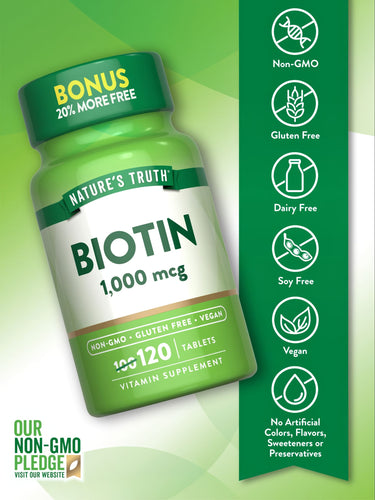 A bulk container labeled Biotin 1,000 mcg containing 120 tablets shown on a hand scale.