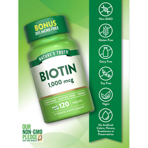 A bulk container labeled Biotin 1,000 mcg containing 120 tablets shown on a hand scale.