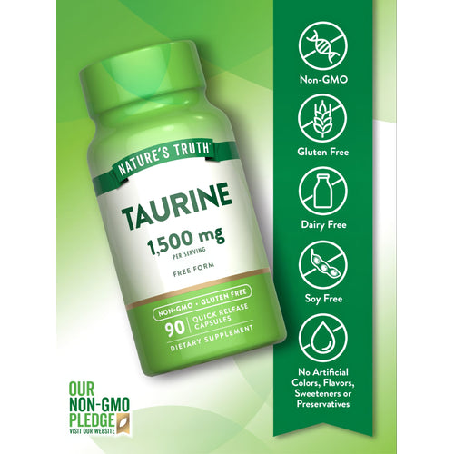 Hand holding bottle of Taurine 1,500 mg, 90 Quick Release Capsules.