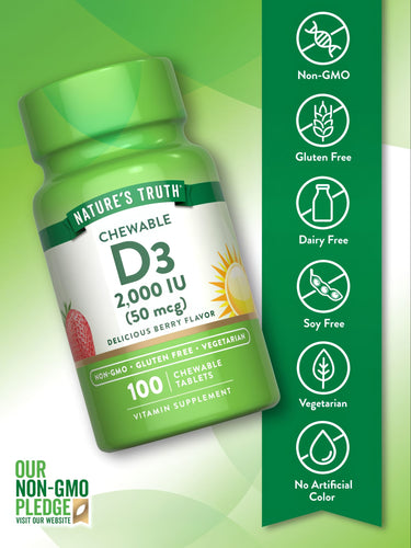 Hand holding bottle labeled D3 2000 IU (50 mcg) 100 chewable tablets.