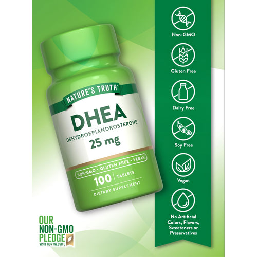 DHEA bottle labeled Non-GMO, Gluten Free, Dairy Free, Soy Free, Vegan, with no artificial colors, flavors, sweeteners, or preservatives.