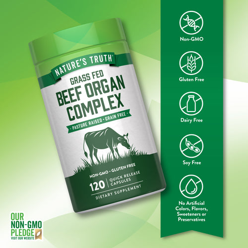 Beef Organs bottle with icons indicating Non-GMO, Gluten Free, Dairy Free, Soy Free, no artificial colors, flavors, or preservatives.