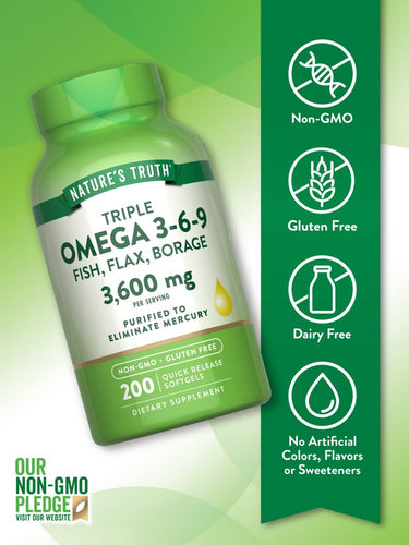 Triple Omega 3-6-9 3600 mg mit Fisch, Leinsamen, Nachtkerze