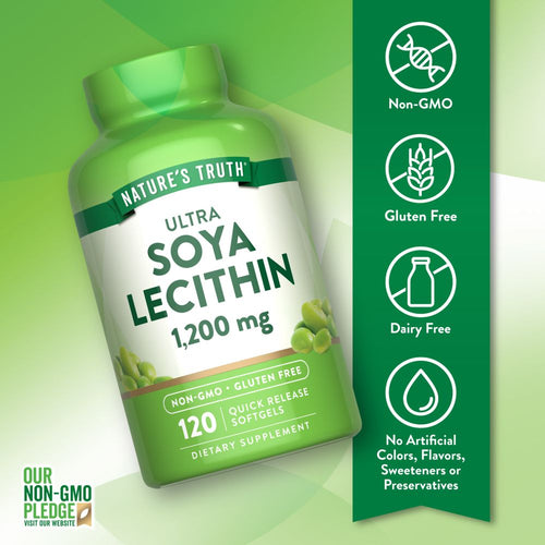 Soya Lecithin 1,200 mg Quick Release Softgels, 120 count, shown on a hand for size comparison.