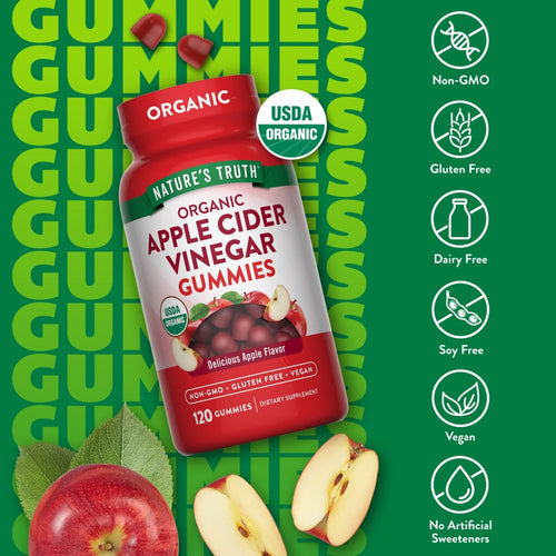 A pile of red, apple-shaped Organic Apple Cider Vinegar Gummies next to two gummies and apple slices.