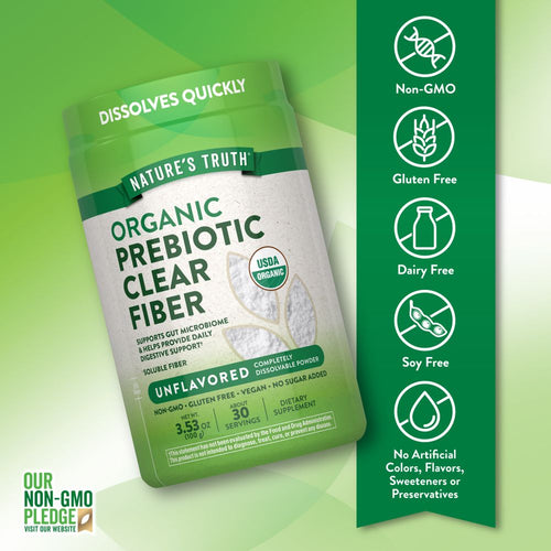 Container of Organic Prebiotic Clear Fiber powder, 3.53 oz (100 g), providing approximately 30 servings.