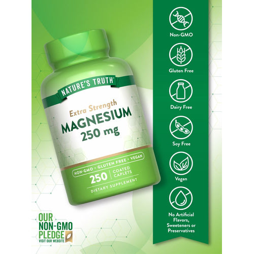 Hand holding a bottle of NT Magnesium 250 mg with 250 coated caplets, displayed on bulk scale.