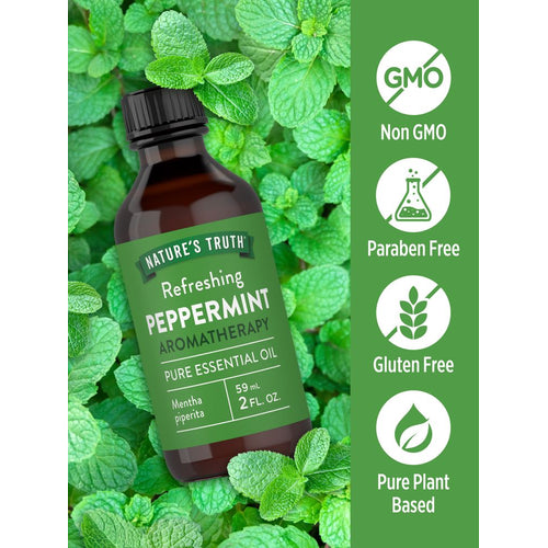 Natural Territory Peppermint Oil bottle holds 59 mL or 2 FL. OZ., suitable for personal use.