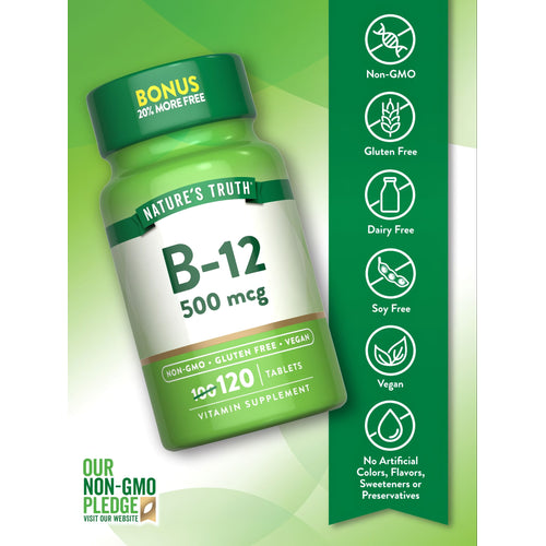 B-12 bottle: Non-GMO, Gluten Free, Dairy Free, Soy Free, Vegan, No Artificial Colors, Flavors, Sweeteners, or Preservatives.