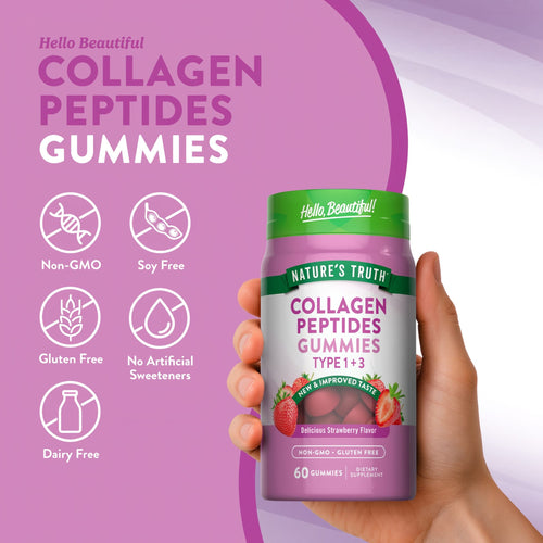 Bottle of Collagen Peptides Gummies Type 1+3 containing 60 gummies shown in the palm of a hand.