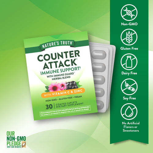 Counter Attack Immune Support with Vitamin C & Zinc, Non-GMO, Gluten Free, Vegan 30 Coated Caplets blister pack.