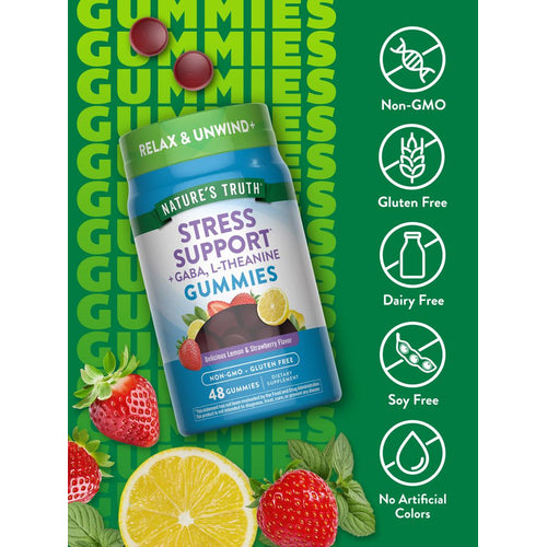 NT Stress Support gummies bottle, with dark red gummies, strawberries, lemon, and mint, on display.