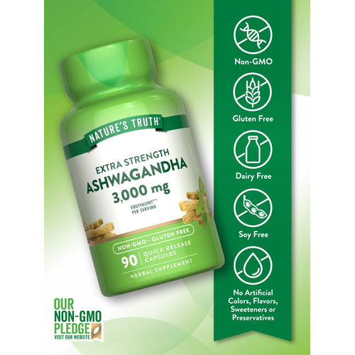 Nature's Truth Ashwagandha 3,000 mg Extra Strength 90 Quick Release Capsules bottle and dried ashwagandha root pictured.