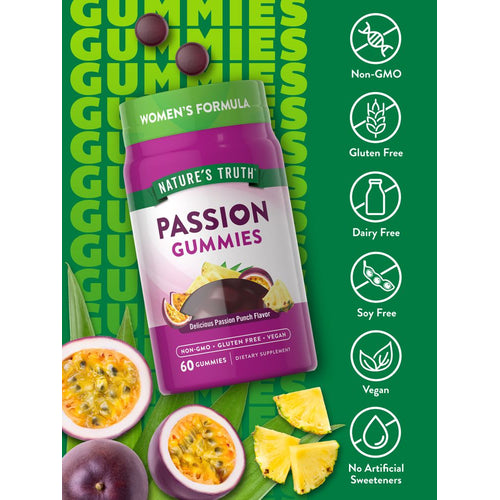Two dark purple Passion Gummies next to the NA PASSION 60 GUMMIES bottle, showing size comparison.