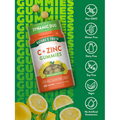 NT C + Zinc 60 Gummies: Two yellow chewy gummies shown on a hand scale.