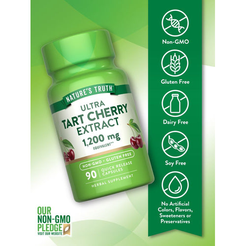 A bottle of 90 quick-release capsules containing ultra tart cherry extract, each with a 1,200 mg equivalent dosage.