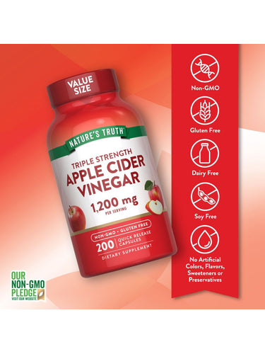 Triple Strength Apple Cider Vinegar 1,200 mg Quick Release Capsules shown on a hand scale for size reference.