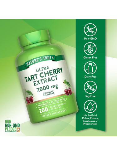 Tart Cherry bottle: Non-GMO, Gluten Free, Dairy Free, Soy Free, with no artificial colors, flavors, sweeteners, or preservatives.