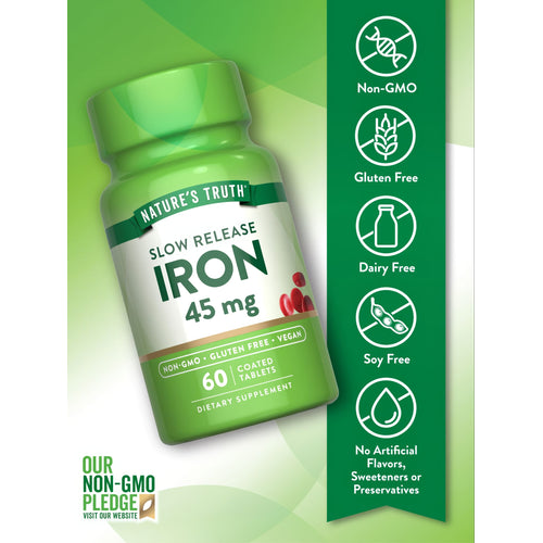 Red, oval, coated tablets containing 45 mg of iron, available in a count of 60.