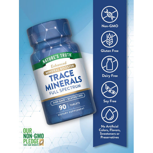Trace Minerals bottle showing it is Non-GMO, Gluten Free, Dairy Free, Soy Free, and has no artificial additives.