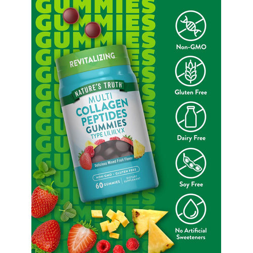 Bottle of NT Multi-Collagen Complex 60 Gummies with loose gummies and mixed fruit pieces around it.