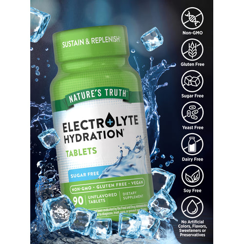 A hand holds a bottle of 90 unflavored electrolyte hydration tablets, perfect for maintaining hydration and electrolyte balance.