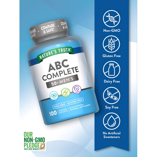 ABC Complete 50+ Men's Multivitamin Mineral Supplement with 100 coated caplets shown on a hand scale.