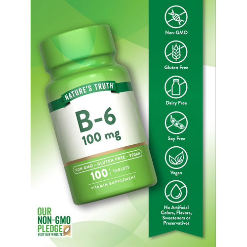 B-6 bottle: Non-GMO, Gluten Free, Dairy Free, Soy Free, Vegan, No Artificial Colors, Flavors, Sweeteners, Preservatives.