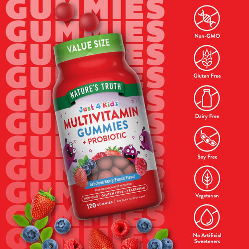 120 berry punch flavored Multivitamin Gummies with Probiotic shown with fresh strawberries, blueberries, and raspberries.