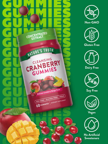 NT Cranberry 60 Gummies bottle with gummies, fresh cranberries, and mango slices around it.