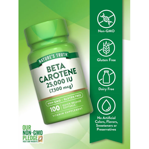 Hand holding Beta Carotene 25,000 IU (7,500 mcg) bottle of 100 quick release softgels.