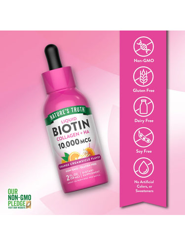 Nature's Truth Liquid Biotin Collagen + HA 10,000 MCG in Orange Creamsicle flavor, 2 fl oz (59 mL) dropper bottle.