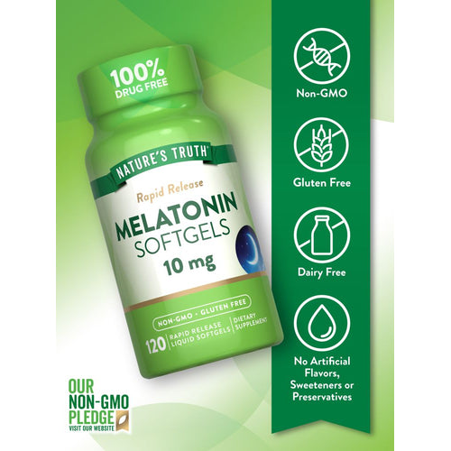 Melatonin bottle labeled Non-GMO, Gluten Free, Dairy Free, and free of artificial flavors, sweeteners, or preservatives.
