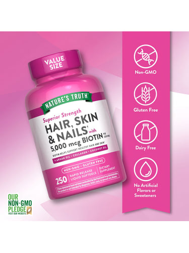 Nature's Truth Superior Strength Hair, Skin & Nails with 5,000 mcg Biotin, 250 Rapid Release Liquid Softgels.