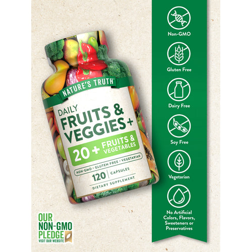 Fruits & Veggies bottle with icons indicating Non-GMO, Gluten Free, Dairy Free, Soy Free, Vegetarian, No Artificial Additives.